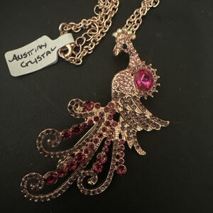 Betsey Johnson PINK CRYSTAL Fuchsia Peacock Pendant Brooch Rosegoldtone